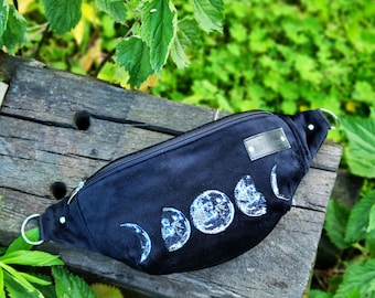 Embroidered moon phase fanny pack, Black lunar phases hip bag, Moon cycles bum bag, Astrology enthusiasts boom bag, Spiritual seekers bag