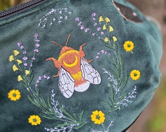 Bumblebee Fanny Pack, Embroidered Bumble Bee Waist Bag, Green Velvet Crossbody, Botanical Nature Accessory