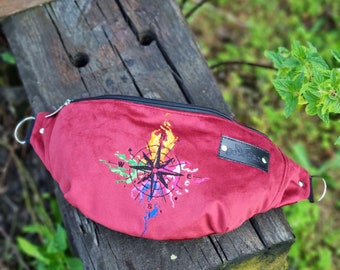 Wind rose fanny pack, Dark red adventure hip bag, Embroidered bum bag with compass rose, Traveler crossbody bag, Wanderlust gift idea