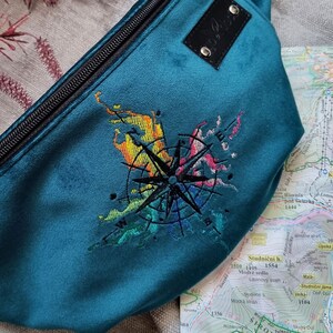 Blue wind rose fanny pack, Adventure hip bag, Embroidered bum bag with compass rose, Traveler crossbody bag, Wanderlust gift idea image 1