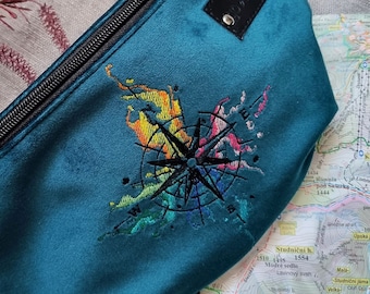 Blue wind rose fanny pack, Adventure hip bag, Embroidered bum bag with compass rose, Traveler crossbody bag, Wanderlust gift idea