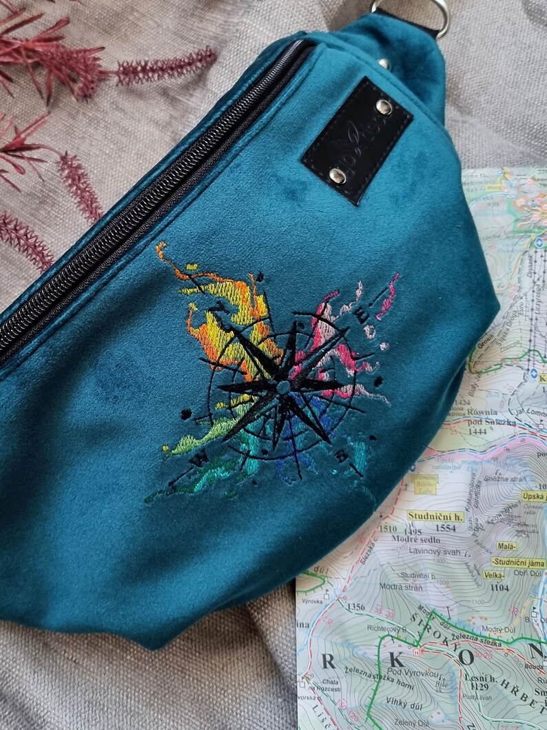 Blue wind rose fanny pack, Adventure hip bag, Embroidered bum bag with compass rose, Traveler crossbody bag, Wanderlust gift idea image 1