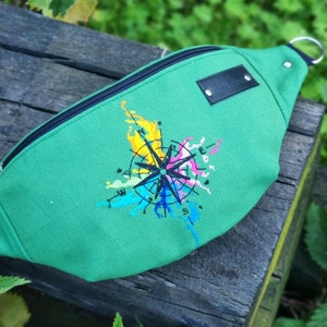 Wind rose hip bag, Light green fanny pack, Adventure waist bag, Embroidered bum bag with compass rose, Traveler gift idea, Wanderlust bag image 1