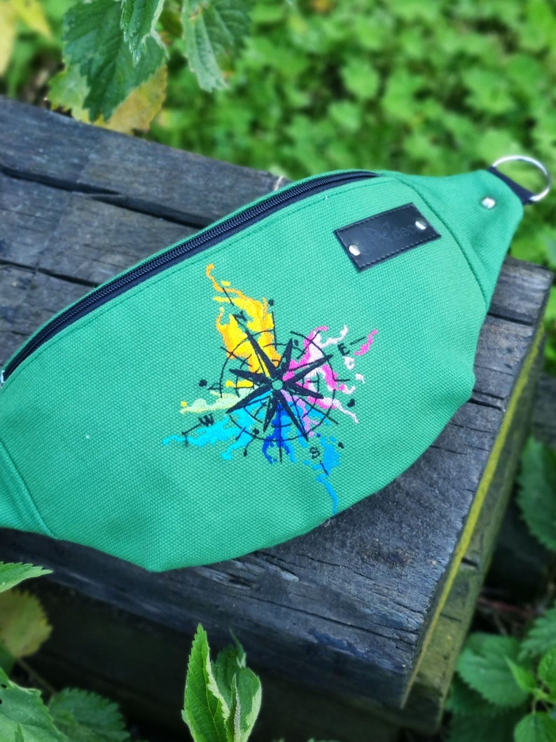 Wind rose hip bag, Light green fanny pack, Adventure waist bag, Embroidered bum bag with compass rose, Traveler gift idea, Wanderlust bag image 1