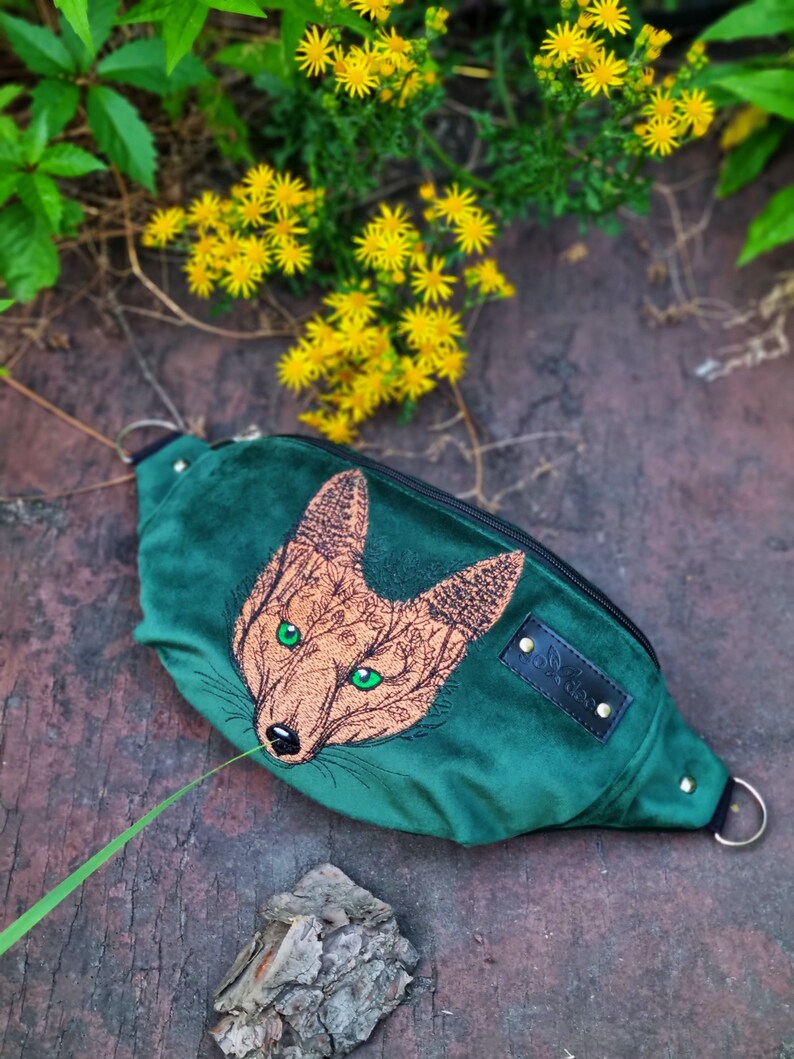 Woodland green hip bag, Embroidered fox head fanny pack, Fox lover gifts, Whimsical cute fox accessories, Green velvet waist bag image 3