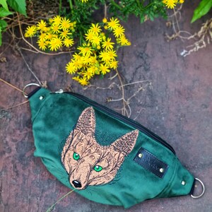 Woodland green hip bag, Embroidered fox head fanny pack, Fox lover gifts, Whimsical cute fox accessories, Green velvet waist bag image 2