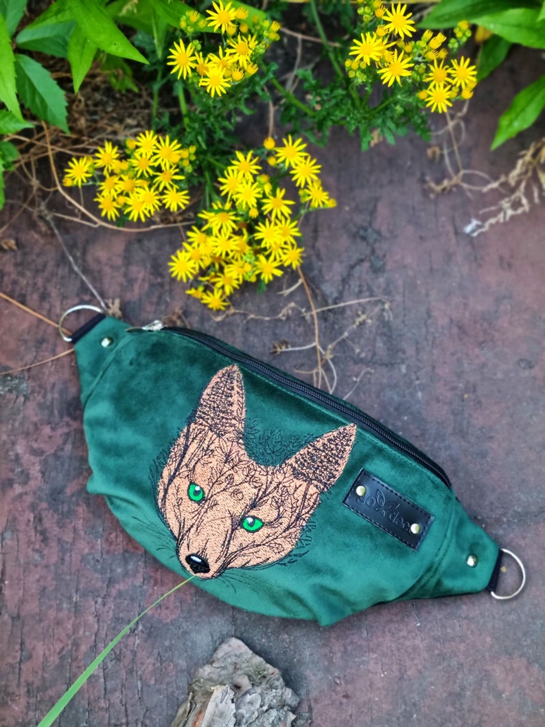 Woodland green hip bag, Embroidered fox head fanny pack, Fox lover gifts, Whimsical cute fox accessories, Green velvet waist bag image 2