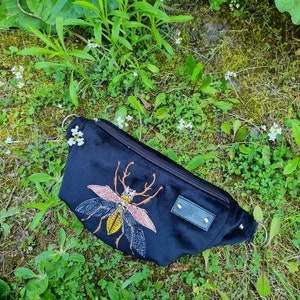 Black fanny pack embroidered beetle, Black velvet hip bag with insect motif, Handmade unisex waist bag, Unique belly bag image 4