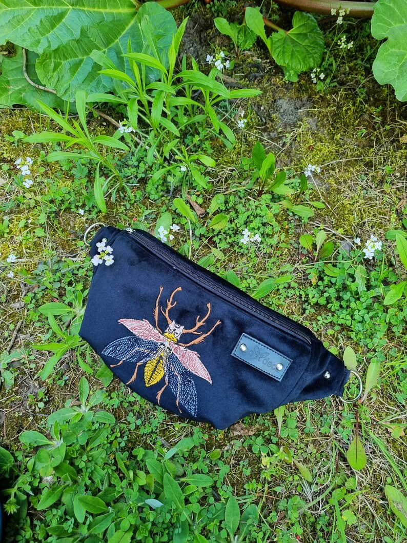 Black fanny pack embroidered beetle, Black velvet hip bag with insect motif, Handmade unisex waist bag, Unique belly bag image 4