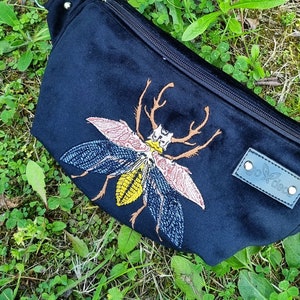 Black fanny pack embroidered beetle, Black velvet hip bag with insect motif, Handmade unisex waist bag, Unique belly bag image 2