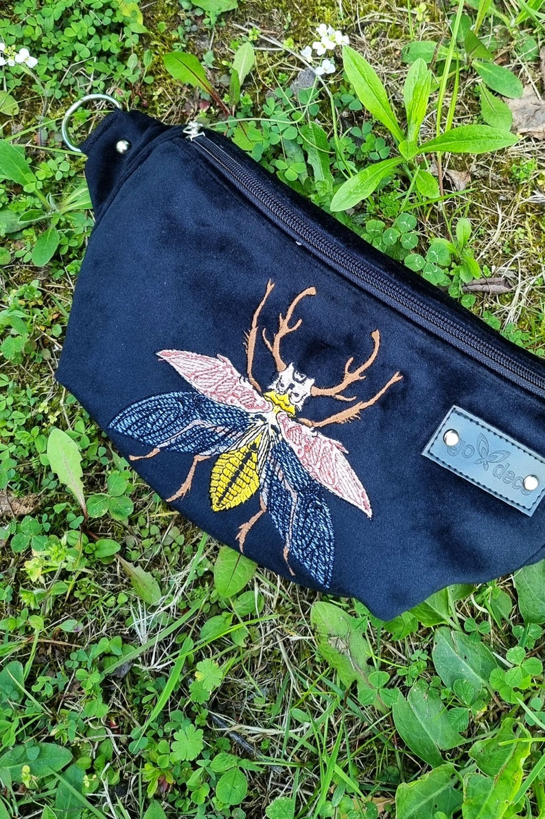 Black fanny pack embroidered beetle, Black velvet hip bag with insect motif, Handmade unisex waist bag, Unique belly bag image 2