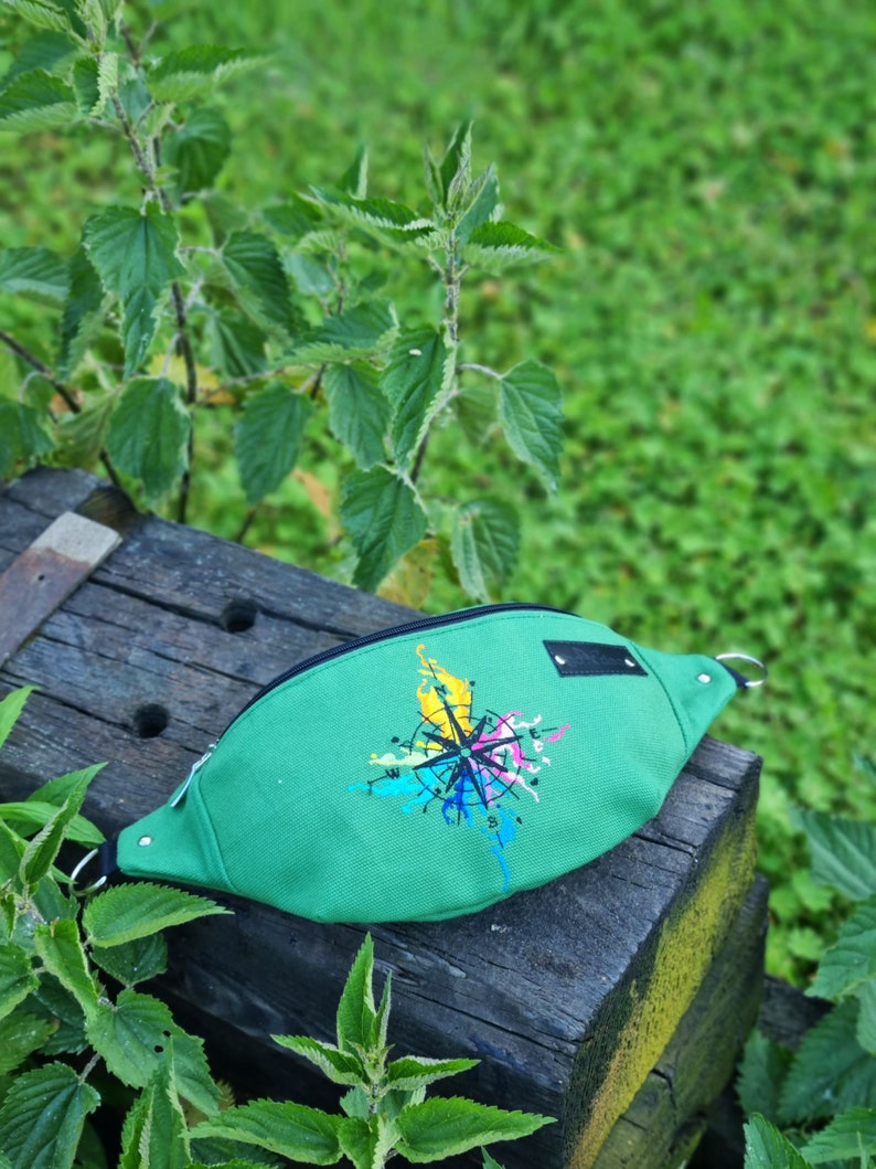 Wind rose hip bag, Light green fanny pack, Adventure waist bag, Embroidered bum bag with compass rose, Traveler gift idea, Wanderlust bag image 4