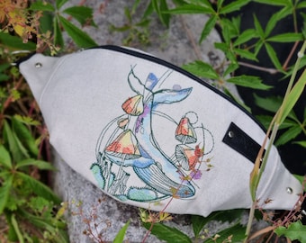Hip bag fantasy blue dolphin with mushrooms, Ecru fanny pack, Dolphin fairy accessories, Unique boom bag design, Sea lover gift
