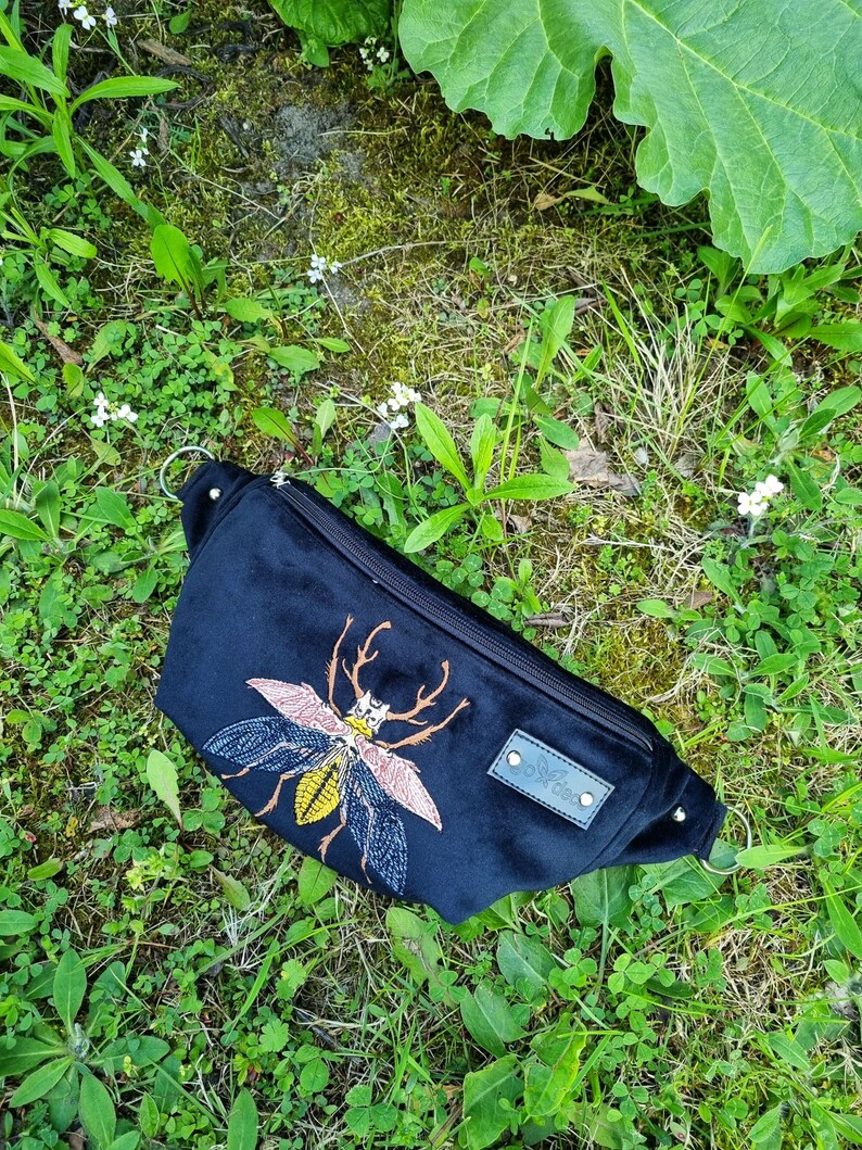 Black fanny pack embroidered beetle, Black velvet hip bag with insect motif, Handmade unisex waist bag, Unique belly bag image 1