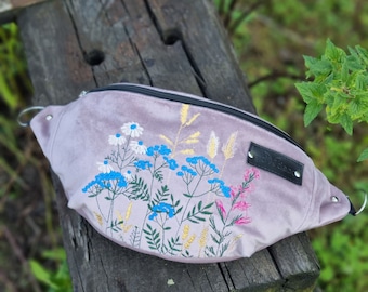 Colorful herbs embroidered fanny pack, Herbarium velvet hip bag, Light pink meadow flowers hip pouch, Floral bum bag, Belt bag plant motifs