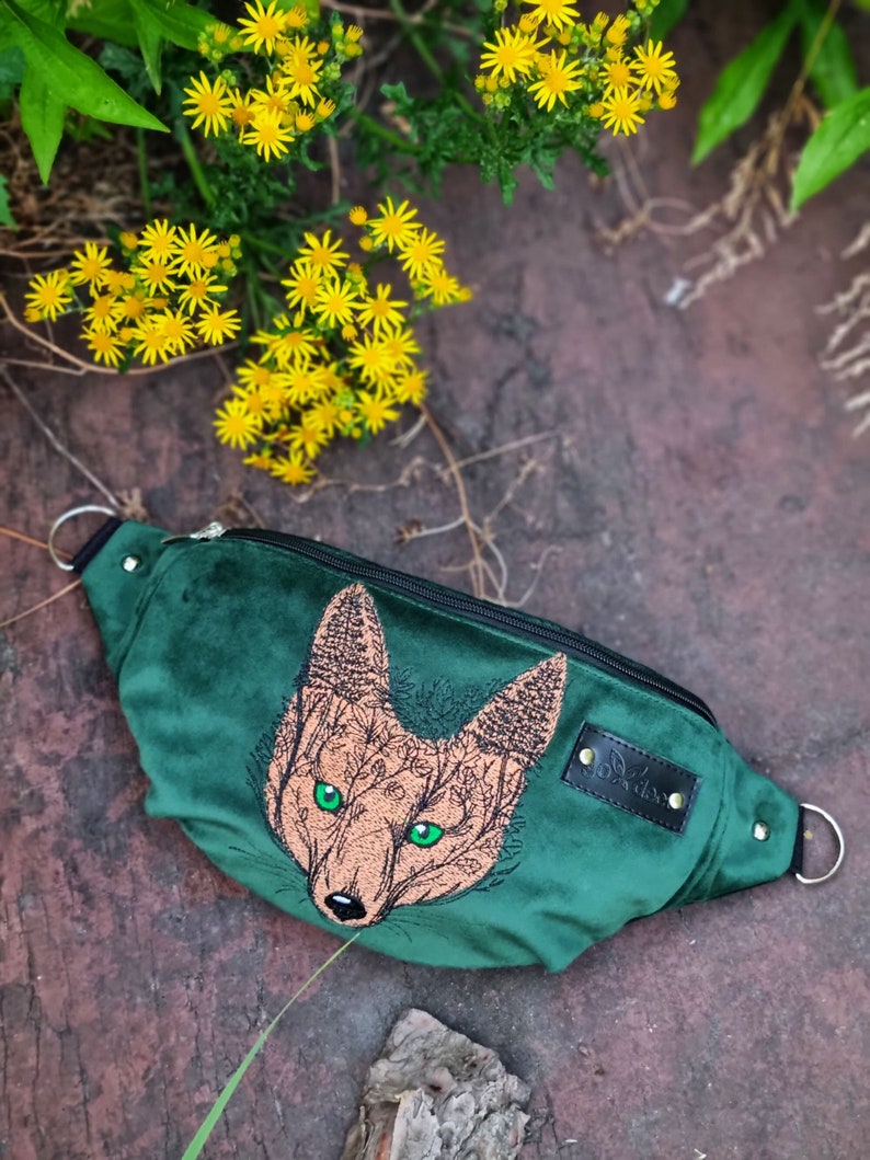 Woodland green hip bag, Embroidered fox head fanny pack, Fox lover gifts, Whimsical cute fox accessories, Green velvet waist bag image 1