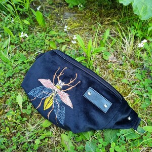 Black fanny pack embroidered beetle, Black velvet hip bag with insect motif, Handmade unisex waist bag, Unique belly bag image 3