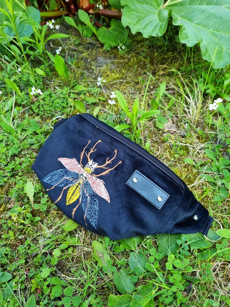 Black fanny pack embroidered beetle, Black velvet hip bag with insect motif, Handmade unisex waist bag, Unique belly bag image 3