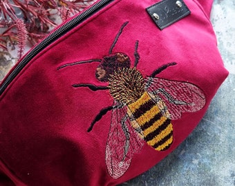 Fanny pack Embroidered bee, Red velvet hip bag with honey bee, Velvet waist bag apis motif, Red belly bag, Unique cross-body bag