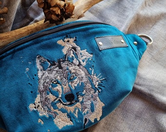 Fanny pack embroidered wolf, Teal blue velvet hip bag, Wild wolf belly bag, Wolves lover accessory, Mystical crossbody bag, Unique bum bag