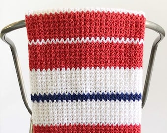 Crochet Modern V-Stitch Blanket in Red, White and Blue Pattern