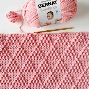 May include: Pink yarn ball with the label "Bernat Bundle Up" and a crocheted blanket made with the yarn.