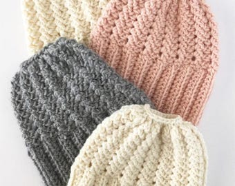 Crochet Sprig Stitch Bun Beanie Pattern