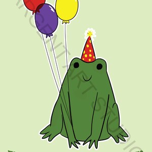 May include: A green frog illustration wearing a red party hat with yellow polka dots. The frog holds three balloons in red, purple, and yellow. Below the frog, the text reads HOPPY BIRTHDAY! in green capital letters against a light green background.