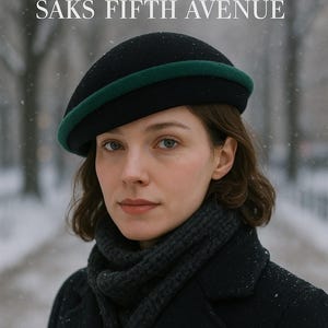 Vintage Frank Clive for Saks Fifth Avenue Black w/Green Beret Hat Frank Olive Pillbox Hat. Saks Fifth Ave. Womens Wool  main image 3