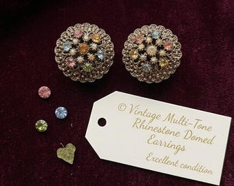 Vintage Multi-Tone Rhinestone Domed Clip-On Earrings