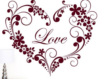 Love Flower and Swirl Heart Pattern Wall Sticker - Art Vinyl Decal Transfer - by Rubybloom Designs W189