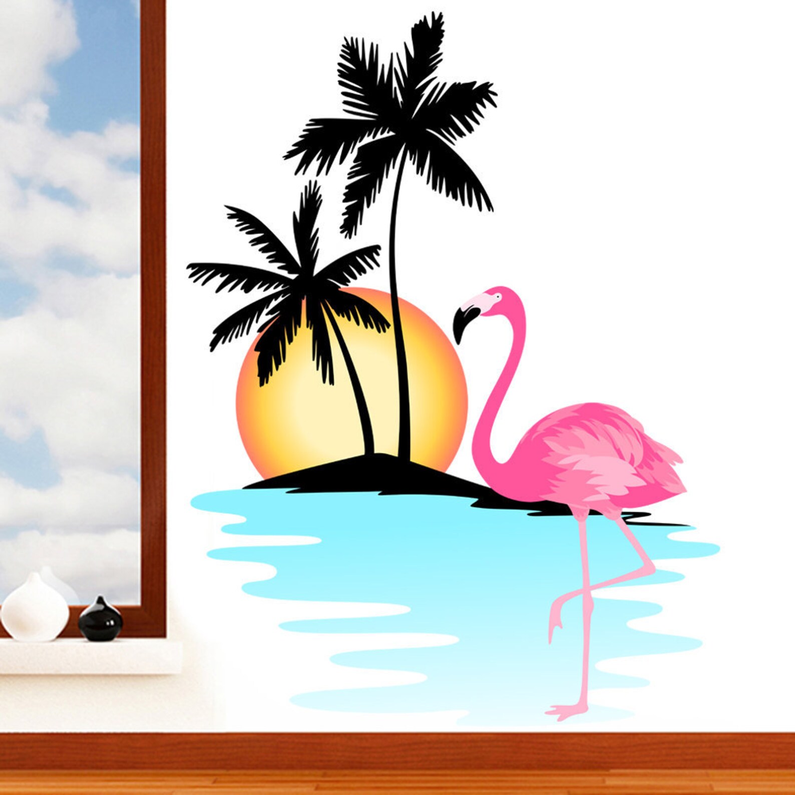 Tropical Island Paradise Flamingo with Sunset & Palm Trees | Etsy