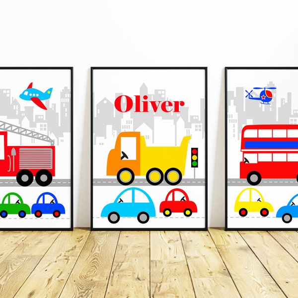 Personalised Vehicle Nursery Prints - UNFRAMED - Boys Name Cityscape Car Bus, Fire Engine. Childrens Picture Wall Art Gift