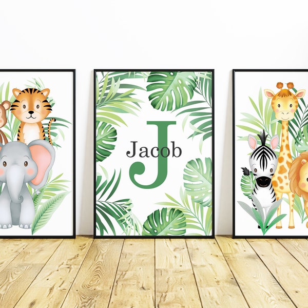 Personalised Safari Jungle Animal Nursery Prints. UNFRAMED. Childrens Name Tiger Lion Giraffe Elephant Zebra Monkey Picture Decor Art Gift