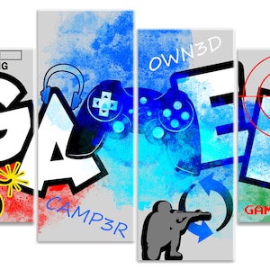 May include: A colourful digital art print featuring the word "GAMER" in large white letters. The letters have a graffiti-style design. The background is a blue and green watercolour wash with a video game controller, headphones, and a bomb. The text "OWN3D", "CAMP3R", and "GAME OVER" are also included in the design.
