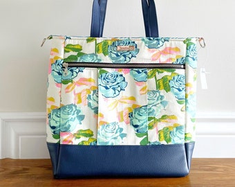 Amara Handbag, Blue Floral Tote with Shoulder Strap