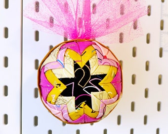 Pink and Yellow Patchwork Ornament, Folded Fabric Round Ornament, Ruby Star Society Holiday Bauble