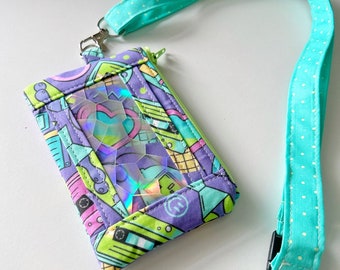 ID Badge Lanyard,Purple 90s Y2K Retro Aesthetic, Zipper Pouch ID Holder, Breakaway Clasp Lanyard