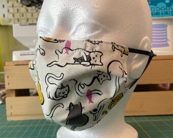 Cloth Pleated Face Mask, Triple Layer Mask, Cat Print, Cotton + Steel, Cat Lady Fabric