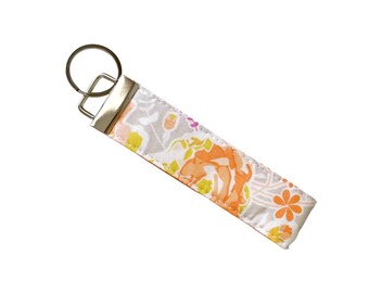 Floral Key Fob, Grey Orange Yellow Floral Fabric, Wristlet Keychain, Key Loop