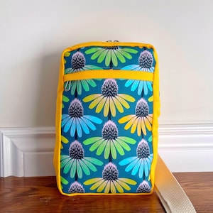 Market Sling, Sandhill Sling, Small Crossbody Backpack, Yellow and Teal Floral, Echinacea Fabric