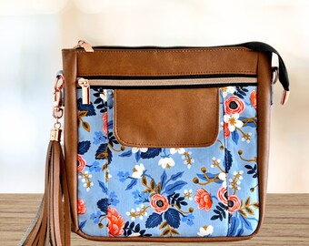 Crossbody Bag, Rifle Paper Co Floral Bag, Vegan Leather Handbag, Tan and Blue Floral Bag