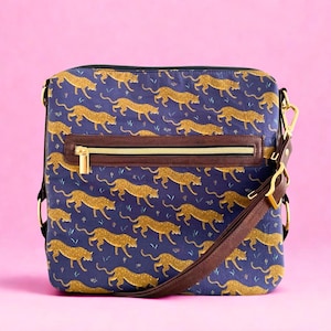 Crossbody Bag, Navy Jaguar Print, Sallie Tomato Lauren Handbag, Cork Handbag, Large Purse, Vegan Leather Handbag