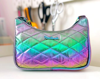 Metallic Rainbow Faux Leather, Baguette Bag, 90s Inspired Small Handbag, Shoulder Purse,