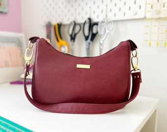 Burgundy Faux Leather, Baguette Bag, 90s Inspired Small Handbag, Shoulder Purse,