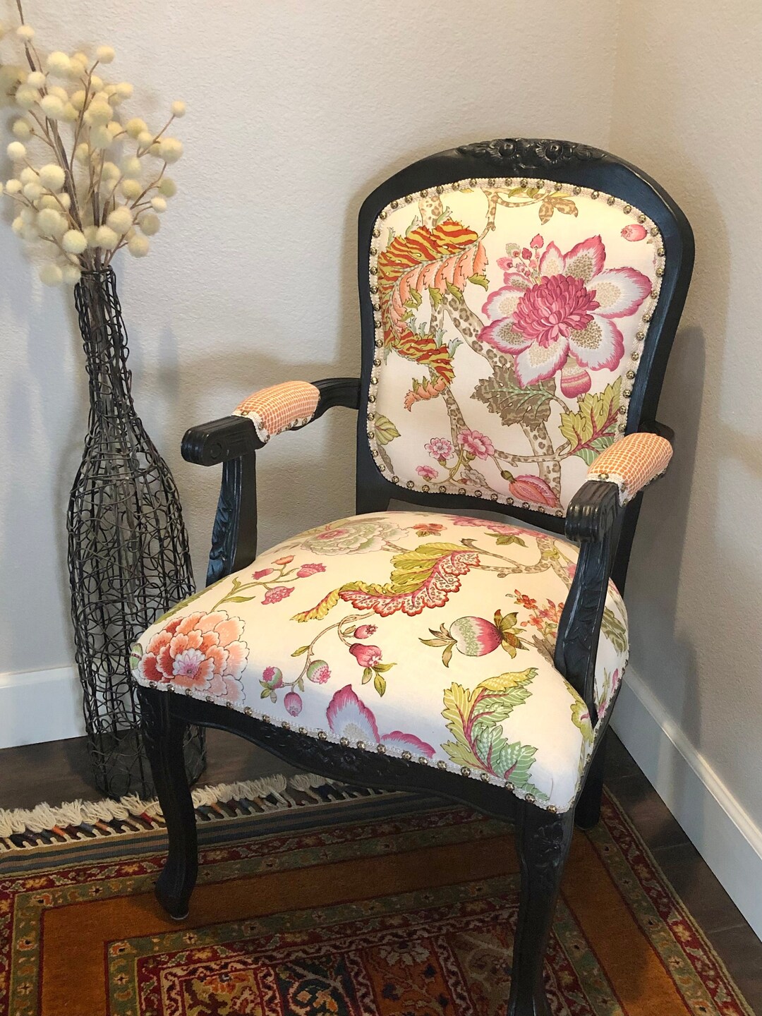 Customized Floral Arm Chair Trimmed With Nail Heads Etsy