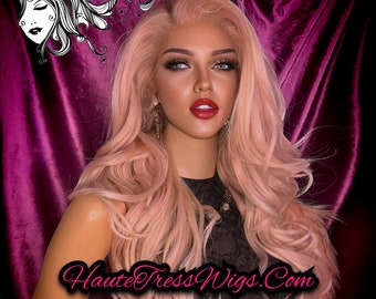 Mezcla rubia rosa, peluca rosa, peluca pastel, cabello rosa, balayage rosa, peluca bomba, ondulado, reflejos rosados, mezcla de cabello humano, peluca delantera de encaje- Jem