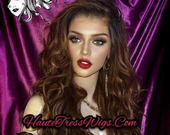 Ombre, Balayage, Auburn, Pre-Plucked Hairline, Free Parting, Wavy, Beach Wave, Bombshell Wig, HD Transparent Lace, Lace Front Wig - Carmilla