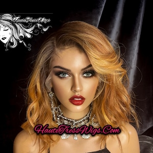 Balayage, Honey Blonde, Auburn Mix, GInger, Beach wave, Messy Bob, Toussled Hair, HD Transparent Lace, Bombshell Wig, Lace Front Wig