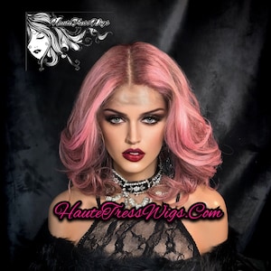 Balayage Pink, Pink Highlights, Pink Mix, Brown Root, Ombre Pink, Layered, Pink Bob, Pastel Pink, Human hair Blend, Lace Front Wig